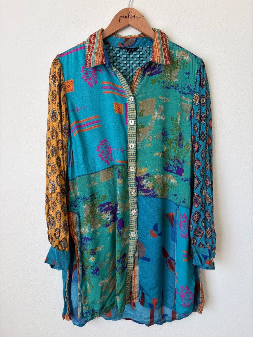 John Mark Top Womens Medium Boho Blue Colorfu Patchwork Button Front Tunic M